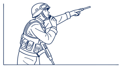 Fototapeta premium Line art illustration of tactical soldier pointing forward and communicating with a radio