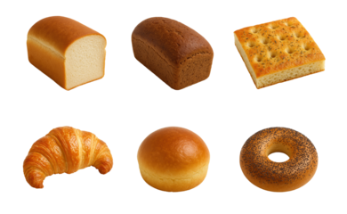 Assorted bread types including white rye focaccia croissant bun and bagel in isolated transparent background