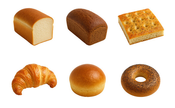 Assorted bread types including white rye focaccia croissant bun and bagel in isolated transparent background