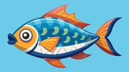 Vector art of a colorful cartoon fish with blue scales and orange fins swims in a vibrant blue sea