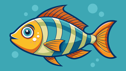 Fototapeta premium Vector art of a cartoon fish with blue and orange stripes swims in the clear blue water with bubbles