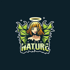 Nature anime girl mascot logo design, green wings, halo, vibrant style, mystical mood, fantasy illustration
