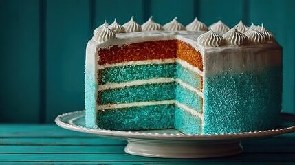 A vibrant, layered cake with teal and orange frosting.