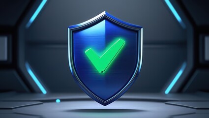 futuristic shield with glowing green checkmark symbol representing security safety protection technology digital defense concept