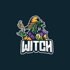 Goblin witch mascot logo, holding a crystal ball and poison spell, gaming branding template