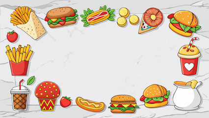 Vector art of a whimsical cartoon frame featuring burgers, fries, pizza, donuts, and drinks, ideal for a playful and engaging foodthemed design
