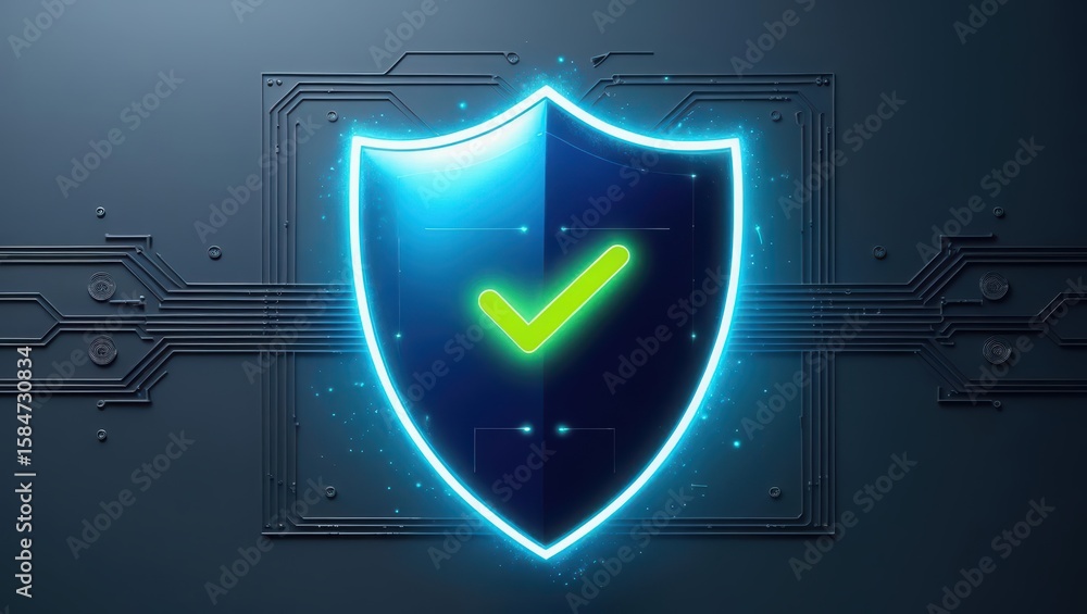 Poster digital security shield icon with bright blue outline and green checkmark on circuit background repr