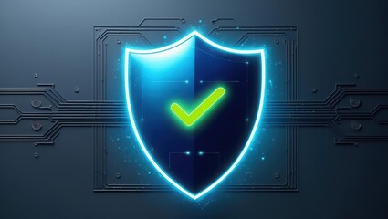 Digital Security Shield Icon with Bright Blue Outline and Green Checkmark on Circuit Background Representing Data Protection and Cybersecurity Concept