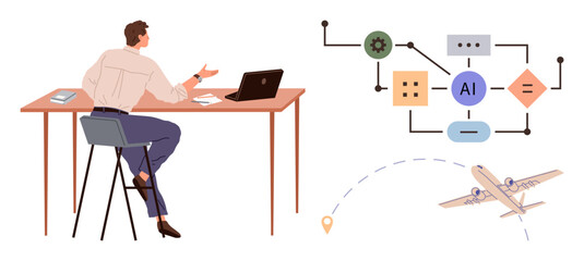Person sitting at desk with laptop, examining AI flowchart, travel path, and airplane. Ideal for themes of artificial intelligence, travel planning, technology, innovation, decision-making work