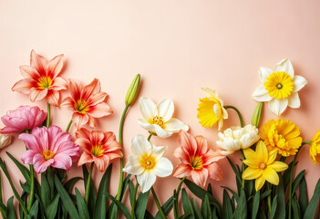 spring flowers on baby pink background