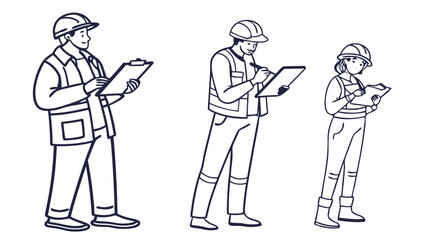 Obraz premium Engineers and Construction Workers Documenting on Clipboards - Line Art Illustration