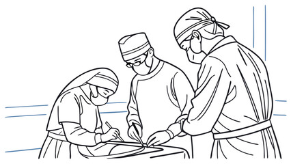 Professional Surgical Team Performing Operation in Hospital Operating Room Line Art
