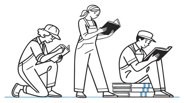 Line art illustration of diverse people reading books. Education, lifelong learning, and knowledge acquisition concept.