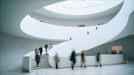 Modern spiral staircase with people, Blurred movement on white stairs, Contemporary architectural interior design, People ascending modern building.