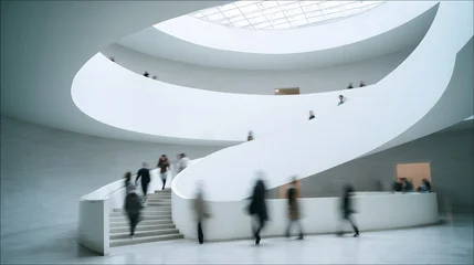 Stickers Trappen Modern spiral staircase with people, Blurred movement on white stairs, Contemporary architectural interior design, People ascending modern building.  © World Images