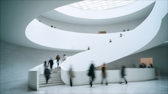 Modern spiral staircase with people, Blurred movement on white stairs, Contemporary architectural interior design, People ascending modern building.