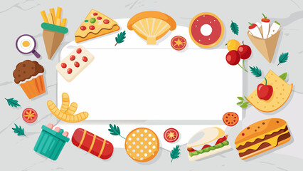 Fototapeta premium Vector art of a colorful frame of various fast food items and desserts creates a fun and inviting backdrop for any foodrelated project