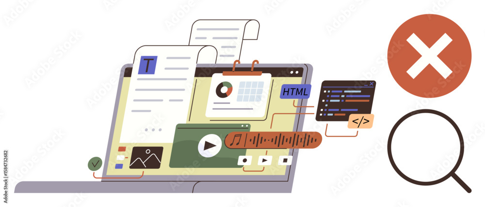 Poster laptop screen featuring text, charts, html code, video, audio player, and image blocks. error icon a