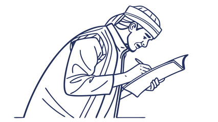 Focused Man in Traditional Attire Writing in a Book - Line Art Illustration