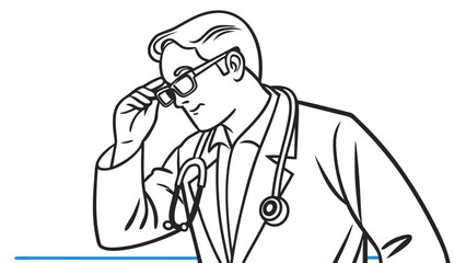 Male Doctor Adjusting Glasses with Stethoscope Line Art Illustration