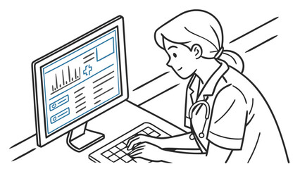 Healthcare professional analyzing medical data on computer. Doctor or nurse working with electronic patient records, telemedicine, digital health.