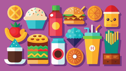Vector art of a fun and colorful collection of fast food and sweet desserts displayed in a modern flat illustration style on purple