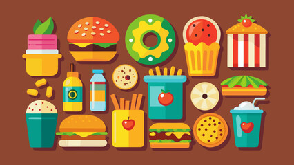 Vector art of a vibrant collection of delicious fast food illustrations, including burgers, fries, donuts, and sweet treats