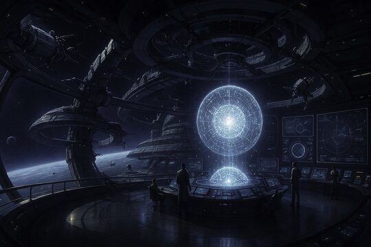 A massive AI-managed space station orbiting a distant planet, with panoramic observation decks, rotating habitats, and robotic maintenance drones navigating the exterior.