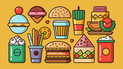 Vector art of a delightful assortment of colorful fast food items, featuring burgers, drinks, fries, and tempting desserts