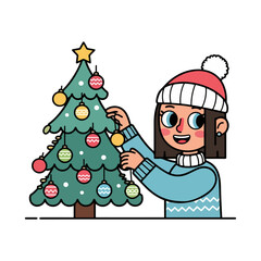 Cartoon character decorating Christmas tree with ornaments. Vector flat design cartoon. AI generated images.	