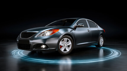 Sleek, modern sedan with metallic finish is showcased on futuristic illuminated platform