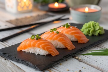 Salmon nigiri sushi with wasabi and chopsticks