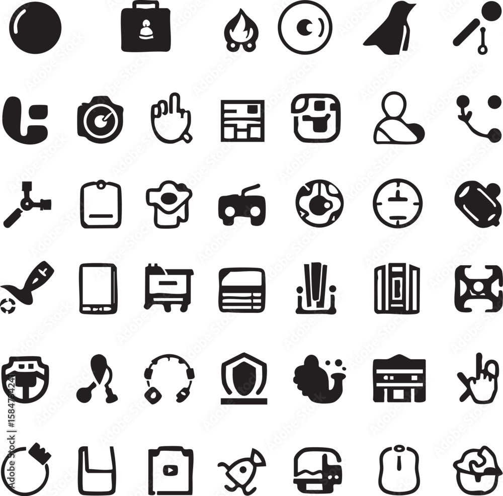 Fototapete collection of black and white simplified icons representing various objects and concepts symbol