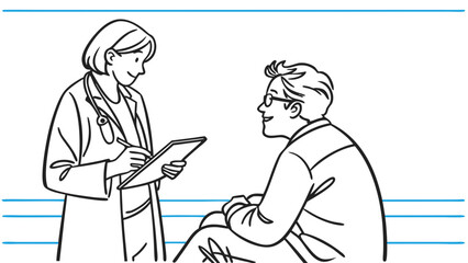 Doctor and patient consultation line art illustration for healthcare and medical concepts