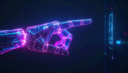 Futuristic digital hologram of a human hand pointing towards a high-tech interface with glowing blue and pink neon accents in a dark environment