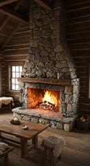 Rustic fireplace in log cabin interior
