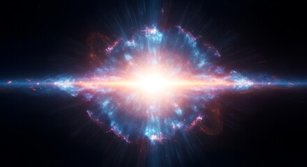 A bright, intense explosion of light and energy radiates outwards in a symmetrical pattern against a dark, cosmic backdrop, showcasing vibrant blue and orange hues.