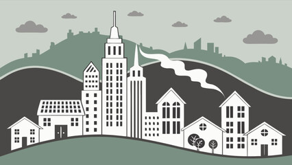 Cityscape illustration vector graphic of urban skyline with buildings and houses in a modern design style