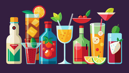Vector art of an inviting selection of cocktails and bottles, ready for a night of fun