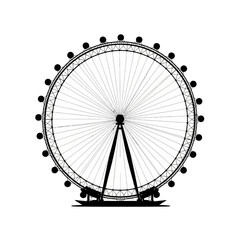 Silhouette of a Ferris wheel with passenger capsules, supported by a central structure, isolated on white.