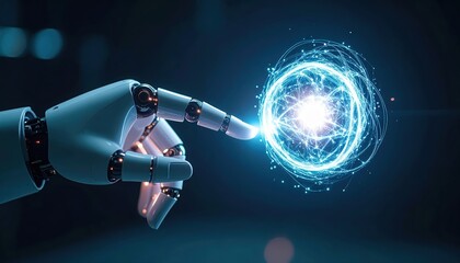 Futuristic robotic hand interacting with glowing digital energy sphere symbolizing technology innovation artificial ligence and advanced science concepts