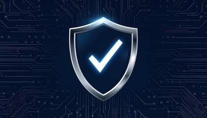 Digital security shield icon with checkmark symbol representing cybersecurity protection and data safety in a technological background