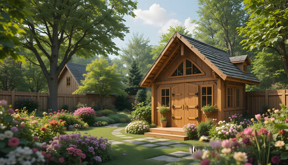 wooden house in the garden 4k pc wallpaper