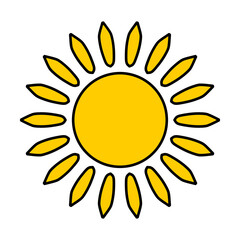 Cartoon icon illustration of a flat style orange yellow color sun with hot rays for sunbathing. Solar system planet, sunset, sunrise.