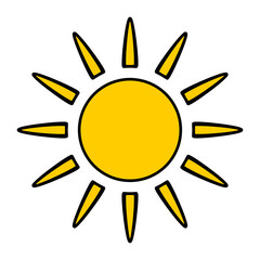 Cartoon icon illustration of a flat style orange yellow color sun with hot rays for sunbathing. Solar system planet, sunset, sunrise.
