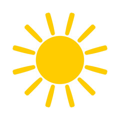 Cartoon icon illustration of a flat style orange yellow color sun with hot rays for sunbathing. Solar system planet, sunset, sunrise.