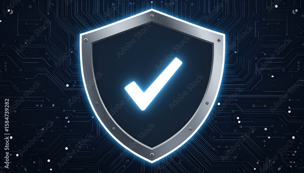 Poster futuristic digital security shield emblem with glowing check mark symbol representing protection pri