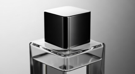 Elegant glass bottle with a dark, reflective cap on gray background