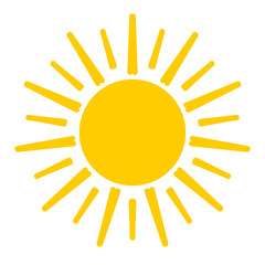 Cartoon icon illustration of a flat style orange yellow color sun with hot rays for sunbathing. Solar system planet, sunset, sunrise.