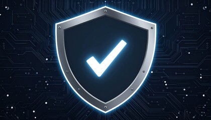 Futuristic digital security shield emblem with glowing check mark symbol representing protection privacy cybersecurity and safe technology concept